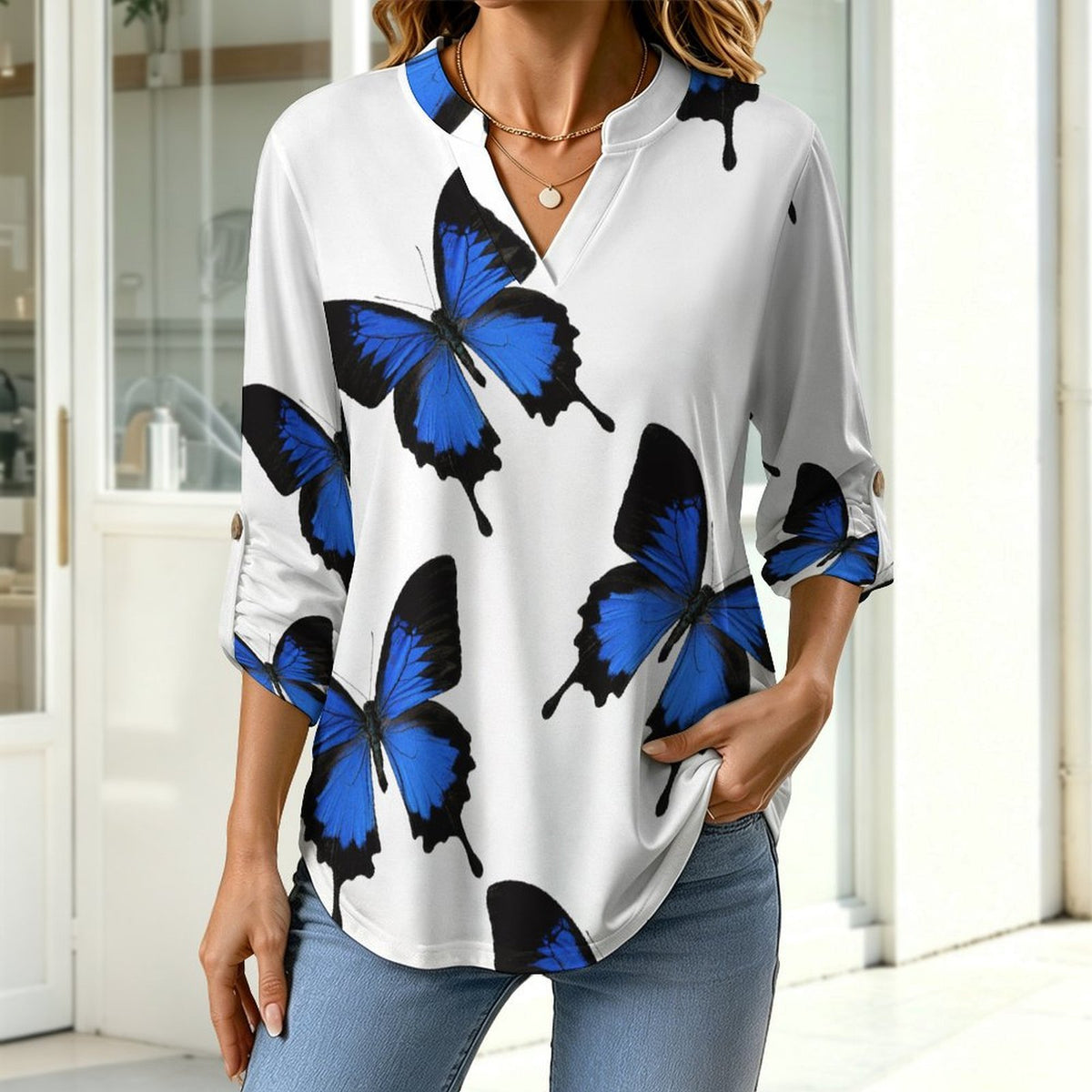 Stand-up Collar Long-sleeved Shirt The Butterfly Repeat white S Women’s V-Neck Blouses