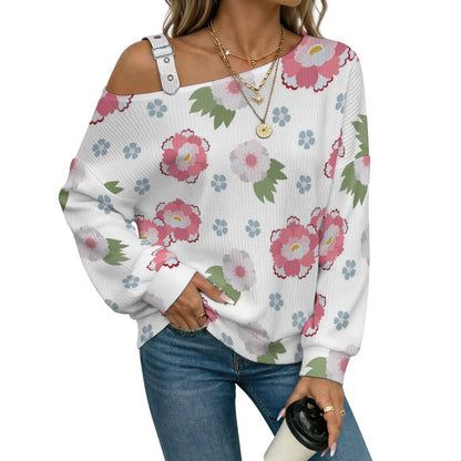 Fall Casual Asymmetric Shoulder Knit Top with Buckle Detail Floral Pattern