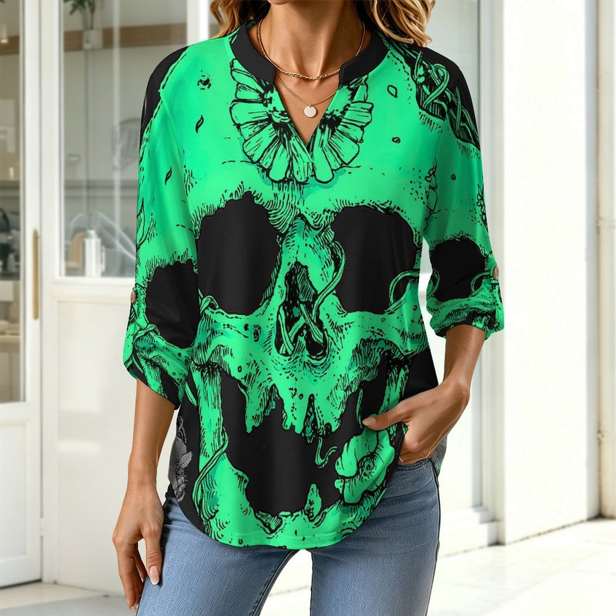 Stand-up Collar Long-sleeved Shirt Mysterious Skull  Customization Women’s V-Neck Blouses,long Sleeve,Roll-Up Sleeve Shirt