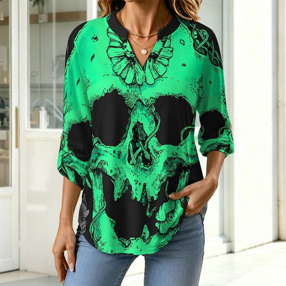 Stand-up Collar Long-sleeved Shirt Mysterious Skull  Customization Women’s V-Neck Blouses,long Sleeve,Roll-Up Sleeve Shirt