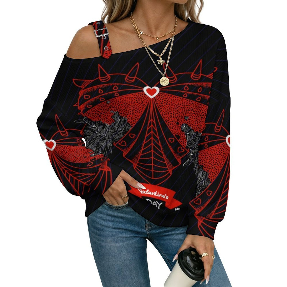 Off-the-shoulder Sweater Heart  Asymmetric Cold Shoulder Knit Sweater for Women, Adjustable Buckle Strap Long Sleeve Casual Slouchy Pullover