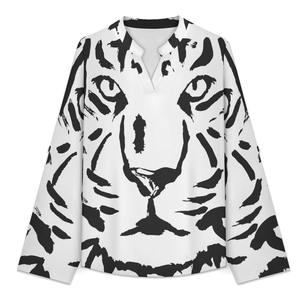 Stand-up Collar Long-sleeved Shirt Tiger, Retro Pattern  Customization Women’s V-Neck Blouses,long Sleeve,Roll-Up Sleeve Shirt