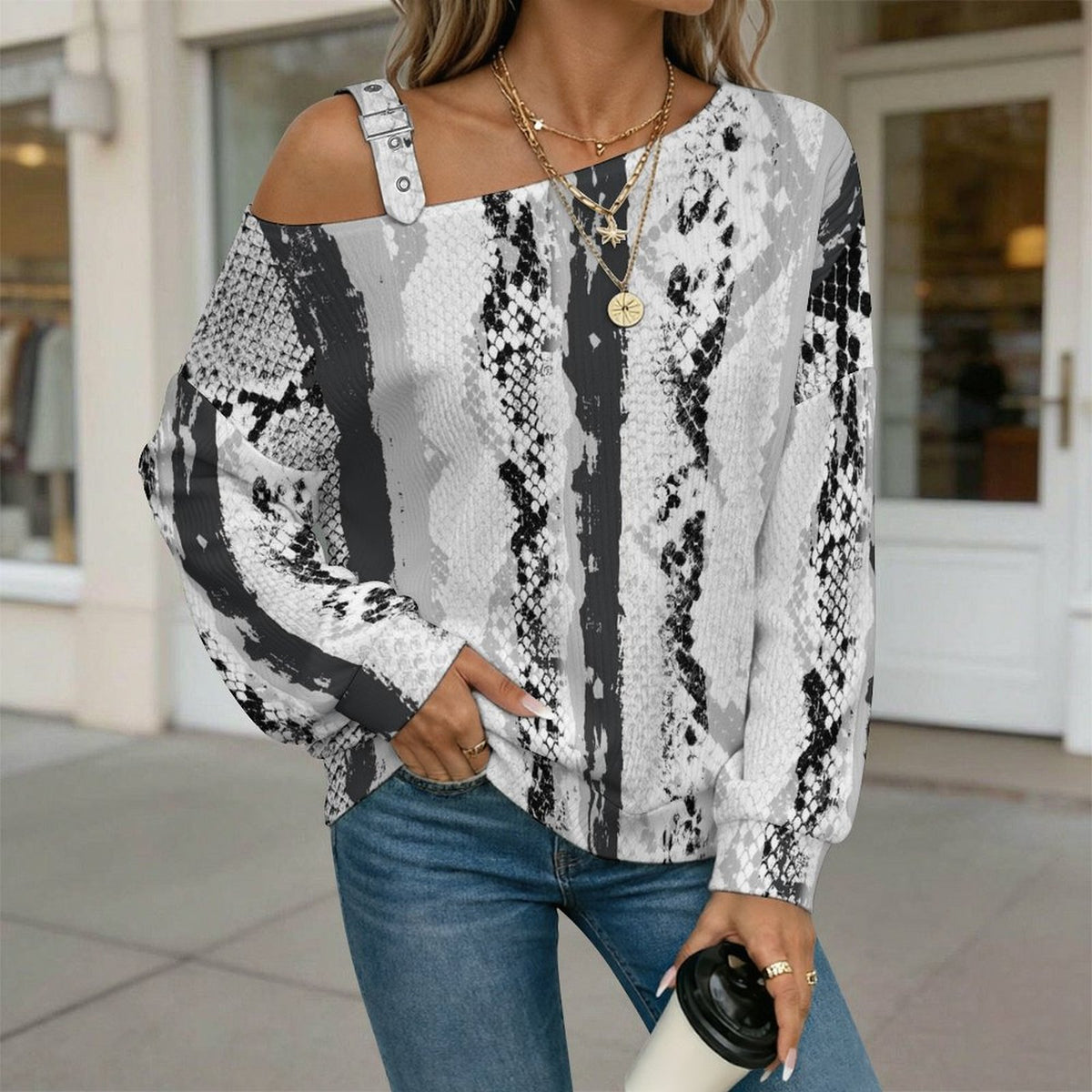 Off-the-shoulder Sweater Black And White Pattern  Asymmetric Cold Shoulder Knit Sweater for Women, Adjustable Buckle Strap Long Sleeve Casual Slouchy Pullover