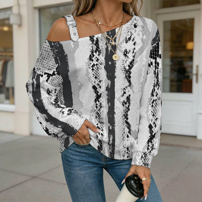 Off-the-shoulder Sweater Black And White Pattern  Asymmetric Cold Shoulder Knit Sweater for Women, Adjustable Buckle Strap Long Sleeve Casual Slouchy Pullover