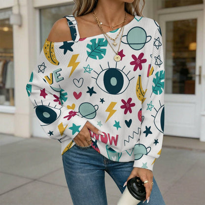 Off-the-shoulder Sweater Light Blue Style Small Elements  Asymmetric Cold Shoulder Knit Sweater for Women, Adjustable Buckle Strap Long Sleeve Casual Slouchy Pullover