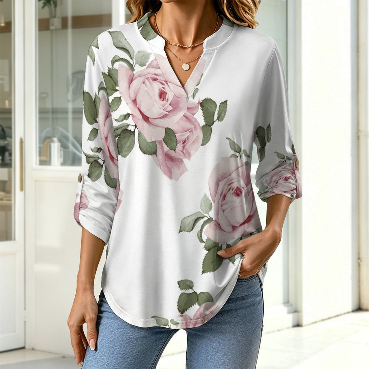 Stand-up Collar Long-sleeved Shirt Rose Repeat Tablecloth Curtain  Customization Women’s V-Neck Blouses,long Sleeve,Roll-Up Sleeve Shirt