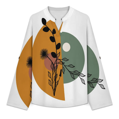 Stand-up Collar Long-sleeved Shirt Chinese Wind Scenery  Customization Women’s V-Neck Blouses,long Sleeve,Roll-Up Sleeve Shirt