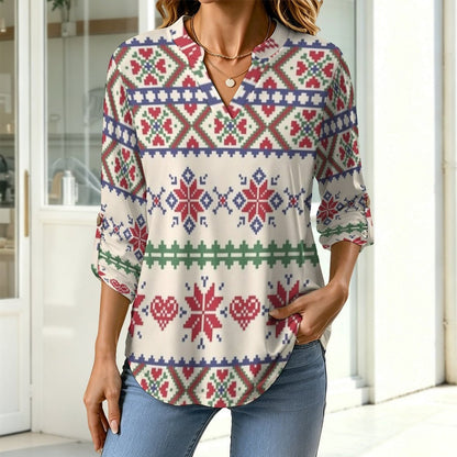 Stand-up Collar Long-sleeved Shirt Christmas Pattern  Customization Women’s V-Neck Blouses,long Sleeve,Roll-Up Sleeve Shirt