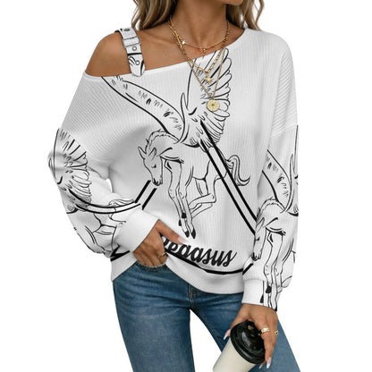 Off-the-shoulder Sweater Pegasus-Line-Triangle-Simple-Black  Asymmetric Cold Shoulder Knit Sweater for Women, Adjustable Buckle Strap Long Sleeve Casual Slouchy Pullover