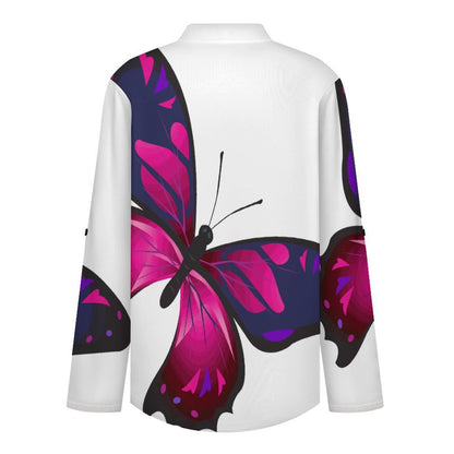 Stand-up Collar Long-sleeved Shirt Butterflies, Insects  Customization Women’s V-Neck Blouses,long Sleeve,Roll-Up Sleeve Shirt