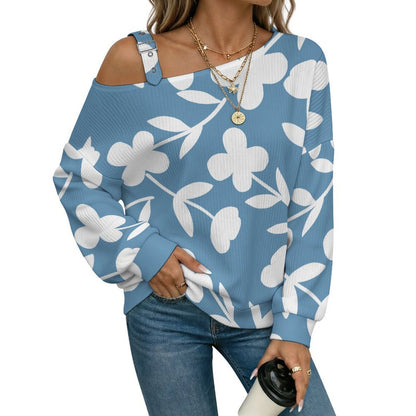 Off-the-shoulder Sweater Blue Flower Tile Decorative Pattern  Asymmetric Cold Shoulder Knit Sweater for Women, Adjustable Buckle Strap Long Sleeve Casual Slouchy Pullover