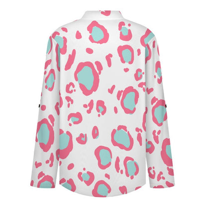 Stand-up Collar Long-sleeved Shirt Pink Leopard Print  Customization Women’s V-Neck Blouses,long Sleeve,Roll-Up Sleeve Shirt