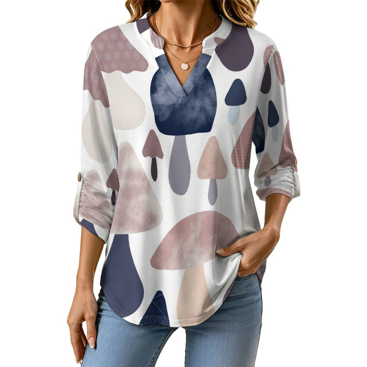 Stand-up Collar Long-sleeved Shirt Mushrooms Background  Customization Women’s V-Neck Blouses,long Sleeve,Roll-Up Sleeve Shirt