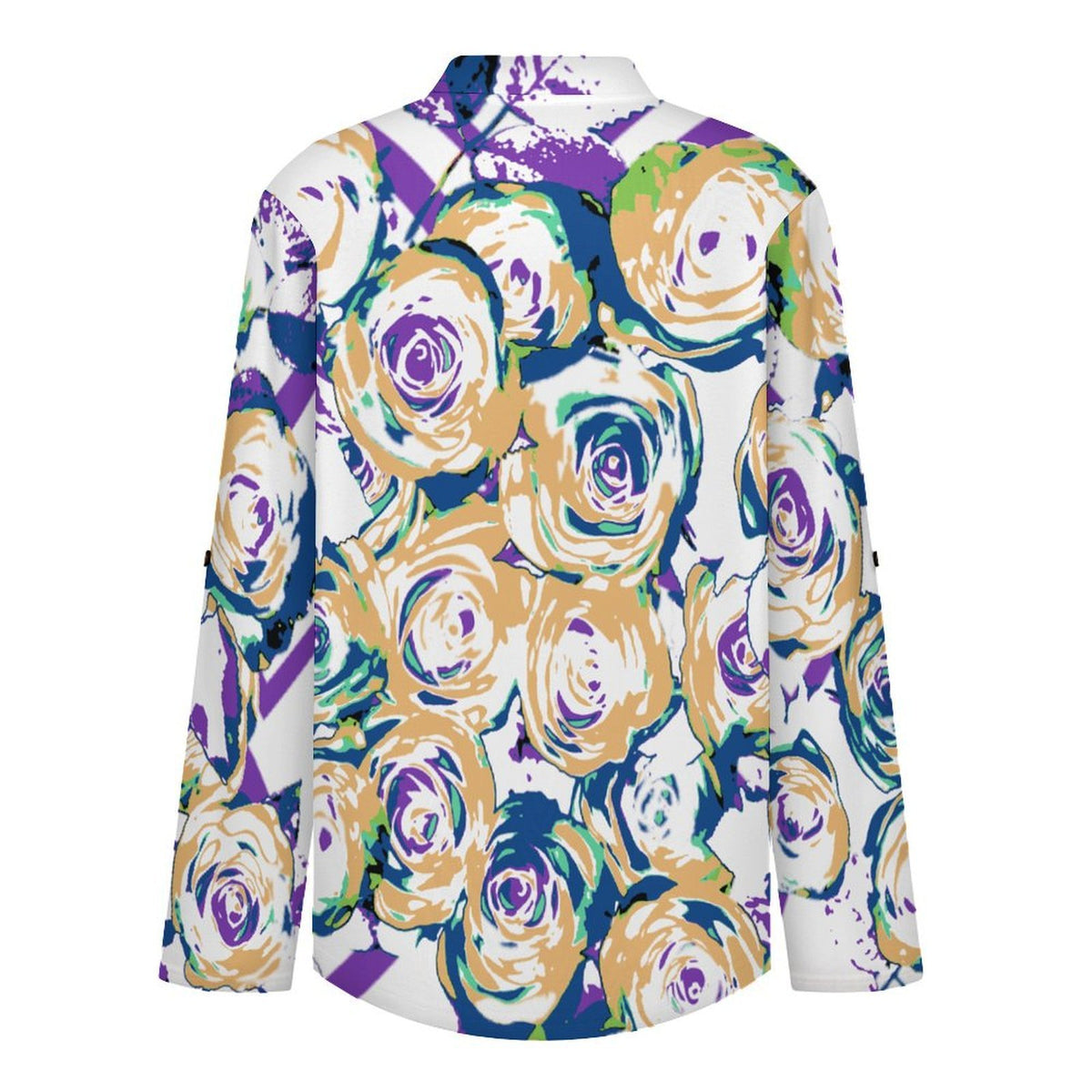 Stand-up Collar Long-sleeved Shirt Vintage Rose Pattern  Customization Women’s V-Neck Blouses,long Sleeve,Roll-Up Sleeve Shirt