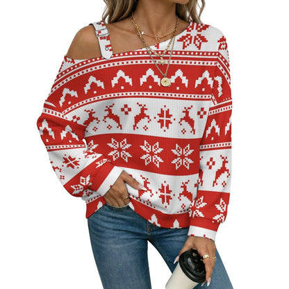 Fall Casual Asymmetric Shoulder Knit Top with Buckle Detail Christmas Pattern Red White Pixel