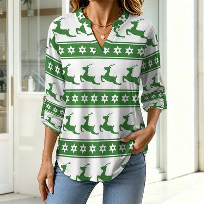 Christmas Reindeer Repeat Pattern  Versatile Notched V-Neck Tunic | Roll Tab 3/4 Sleeve Office Casual Top