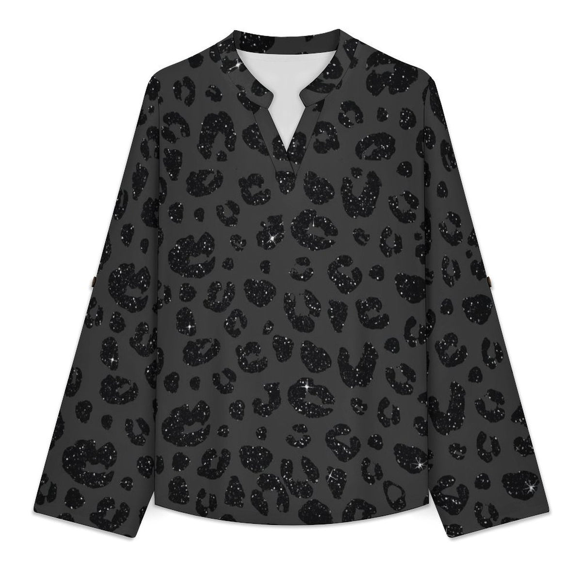 Stand-up Collar Long-sleeved Shirt Leopard Print  Women’s V-Neck Blouses