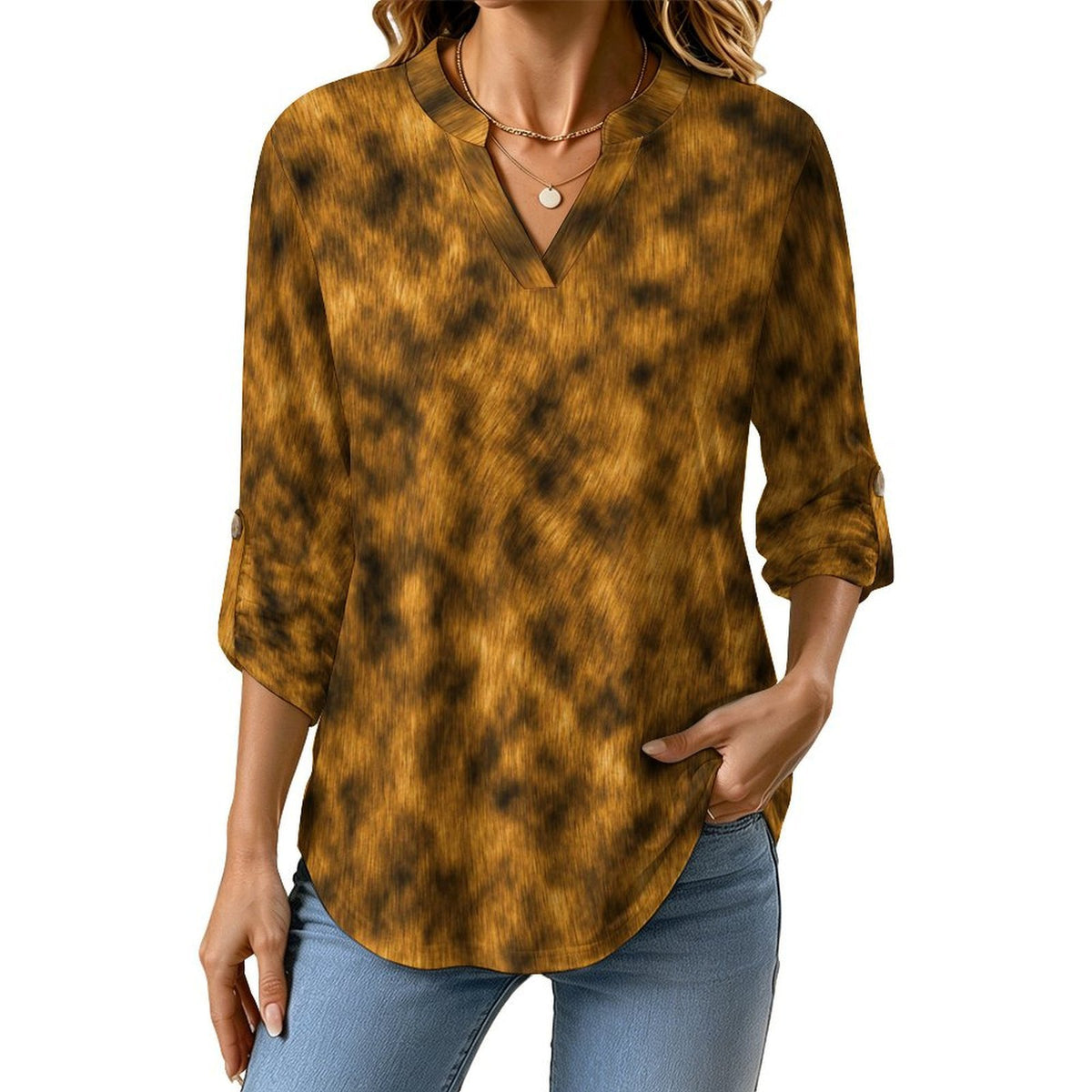 Stand-up Collar Long-sleeved Shirt Fur Coat  Customization Women’s V-Neck Blouses,long Sleeve,Roll-Up Sleeve Shirt