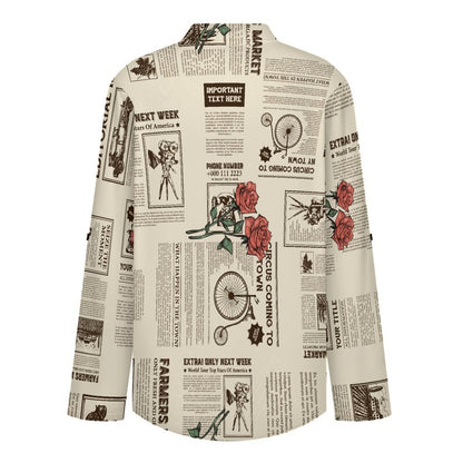 Stand-up Collar Long-sleeved Shirt Yellow Newspaper  Red Rose  Customization Women’s V-Neck Blouses,long Sleeve,Roll-Up Sleeve Shirt