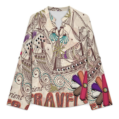 Stand-up Collar Long-sleeved Shirt Travels  Customization Women’s V-Neck Blouses,long Sleeve,Roll-Up Sleeve Shirt