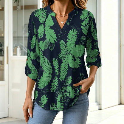 Stand-up Collar Long-sleeved Shirt Green Leaves  Customization Women’s V-Neck Blouses,long Sleeve,Roll-Up Sleeve Shirt