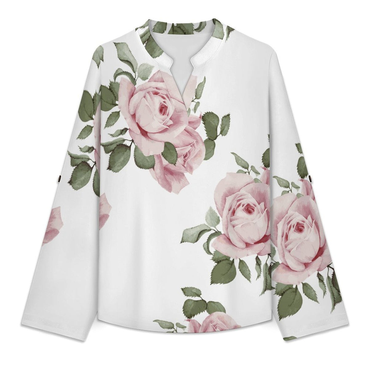 Stand-up Collar Long-sleeved Shirt Rose Repeat Tablecloth Curtain  Customization Women’s V-Neck Blouses,long Sleeve,Roll-Up Sleeve Shirt