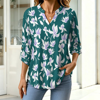 Stand-up Collar Long-sleeved Shirt Flower Pattern Repeat  Customization Women’s V-Neck Blouses,long Sleeve,Roll-Up Sleeve Shirt