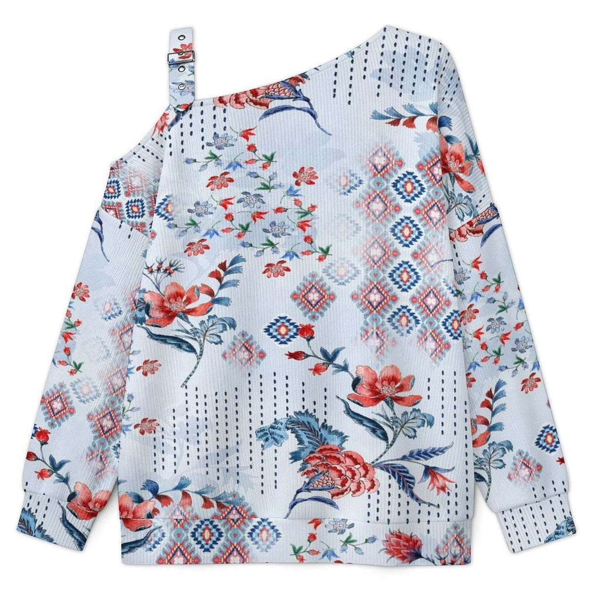 Off-the-shoulder Sweater Exotic Ethnic Pattern  Asymmetric Cold Shoulder Knit Sweater for Women, Adjustable Buckle Strap Long Sleeve Casual Slouchy Pullover