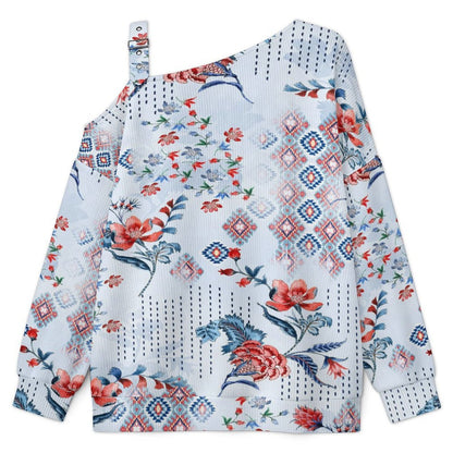 Off-the-shoulder Sweater Exotic Ethnic Pattern  Asymmetric Cold Shoulder Knit Sweater for Women, Adjustable Buckle Strap Long Sleeve Casual Slouchy Pullover