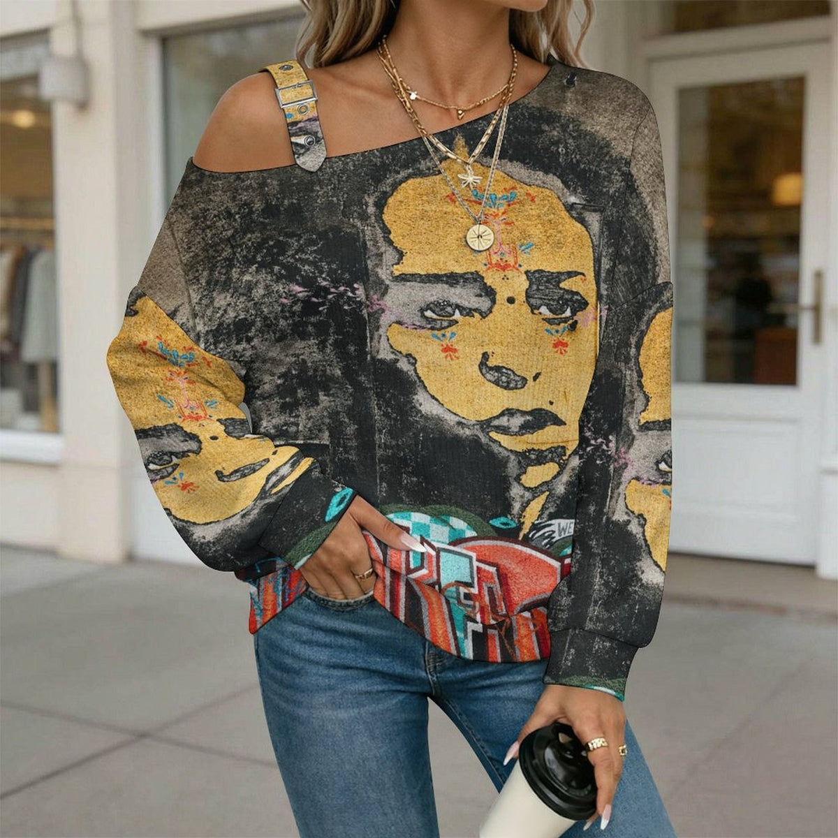 Off-the-shoulder Sweater Characters And Words  Asymmetric Cold Shoulder Knit Sweater for Women, Adjustable Buckle Strap Long Sleeve Casual Slouchy Pullover