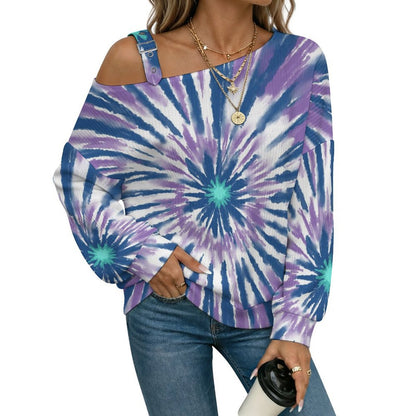 Off-the-shoulder Sweater Tie-dye Radiation Blue Purple  Asymmetric Cold Shoulder Knit Sweater for Women, Adjustable Buckle Strap Long Sleeve Casual Slouchy Pullover