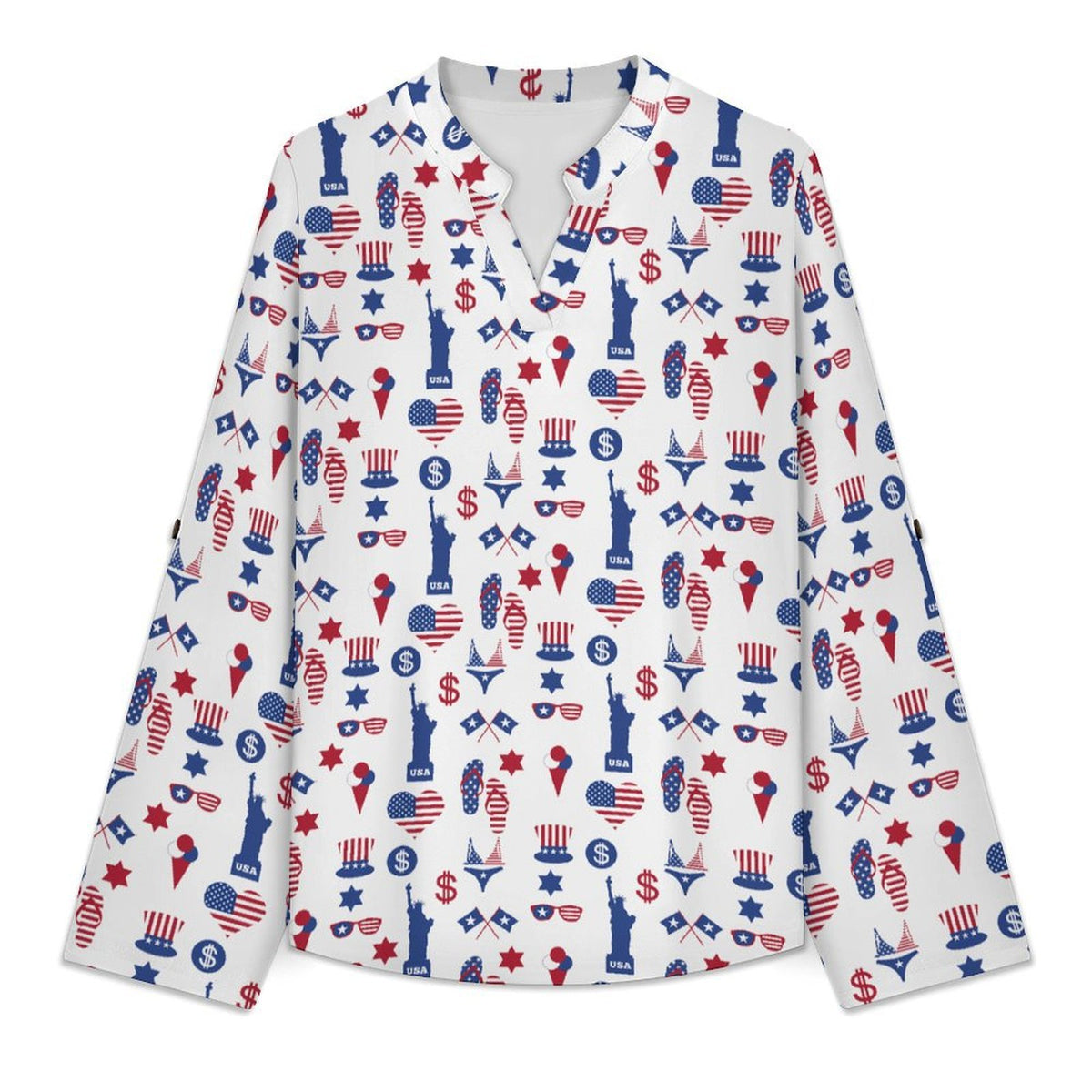 Statue of Liberty, Flag, Blue Stars, Stripes Roll Tab 3/4 Sleeve Notched V Neck Tunic Blouse
