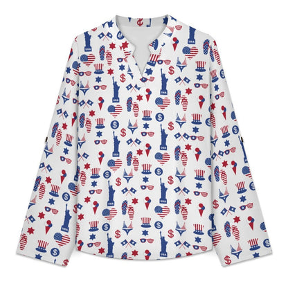 Statue of Liberty, Flag, Blue Stars, Stripes Roll Tab 3/4 Sleeve Notched V Neck Tunic Blouse