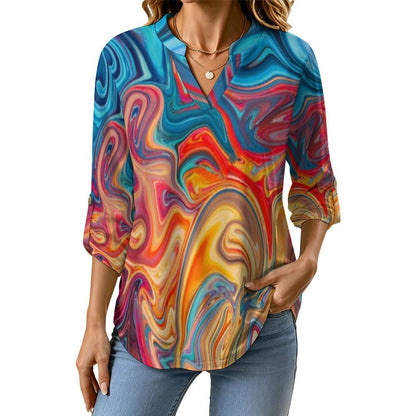 Stand-up Collar Long-sleeved Shirt Flowing Sci-fi Liquid Dazzle white S Women’s V-Neck Blouses
