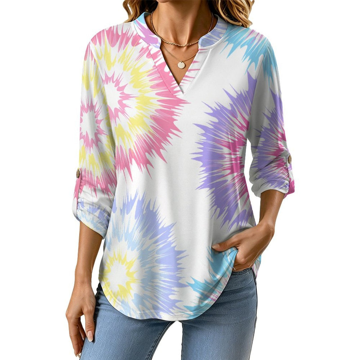 Women's Notched V Neck Tunic Tops, Roll Up 3/4 Sleeve Button Cuff Casual Blouse, Hem Loose Work Shirts  Color Special-shaped Graphics