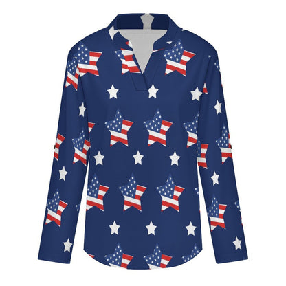 Stand-up Collar Long-sleeved Shirt American Flag Star  Customization Women’s V-Neck Blouses,long Sleeve,Roll-Up Sleeve Shirt