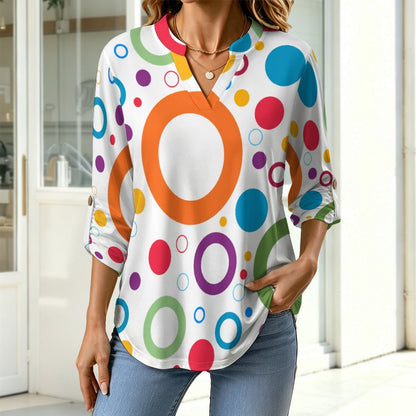 Stand-up Collar Long-sleeved Shirt Color Circle Background  Customization Women’s V-Neck Blouses,long Sleeve,Roll-Up Sleeve Shirt