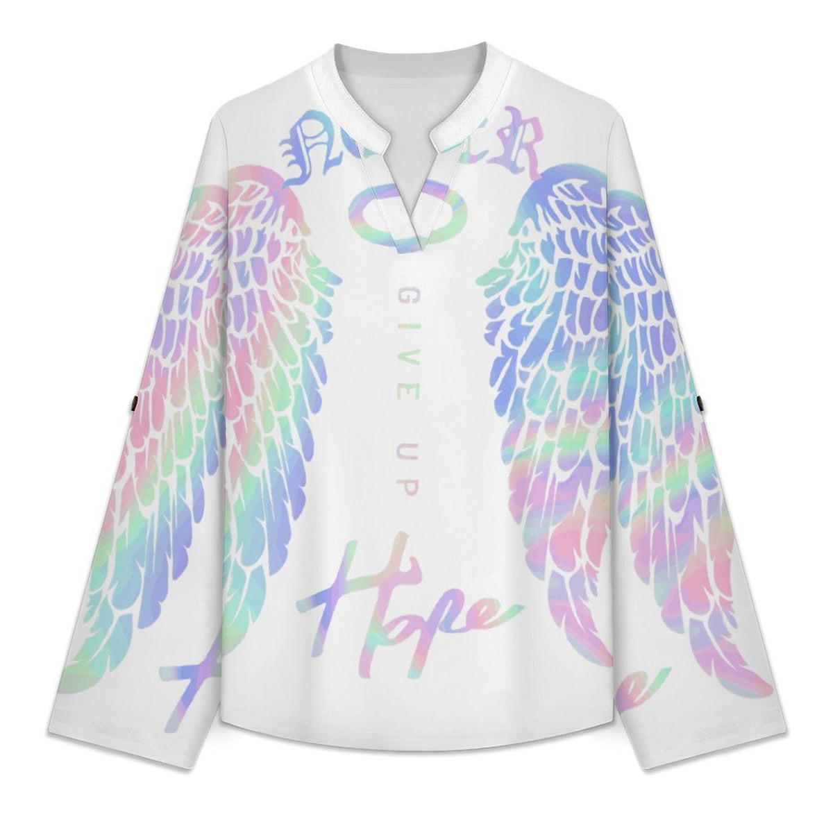 Stand-up Collar Long-sleeved Shirt Colorful Wings, Hope  Customization Women’s V-Neck Blouses,long Sleeve,Roll-Up Sleeve Shirt