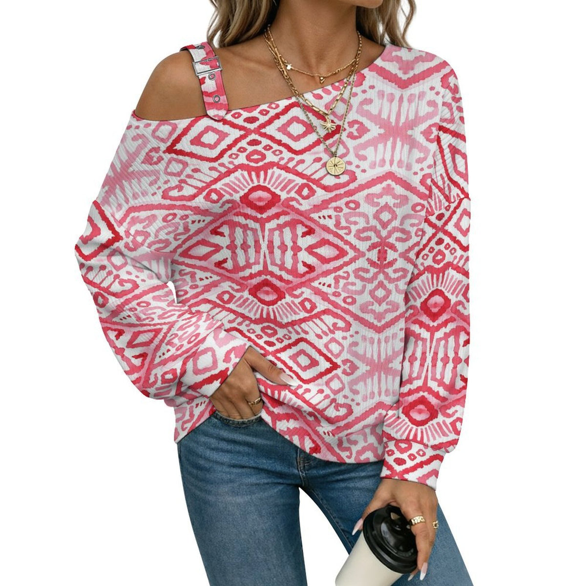 Off-the-shoulder Sweater European Retro Pattern  Asymmetric Cold Shoulder Knit Sweater for Women, Adjustable Buckle Strap Long Sleeve Casual Slouchy Pullover