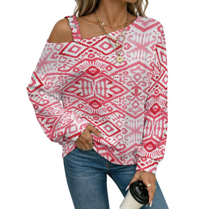 Off-the-shoulder Sweater European Retro Pattern  Asymmetric Cold Shoulder Knit Sweater for Women, Adjustable Buckle Strap Long Sleeve Casual Slouchy Pullover