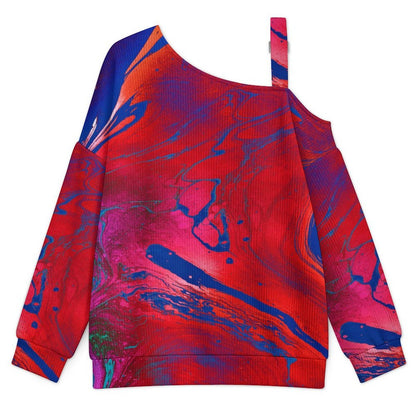 Off-the-shoulder Sweater Red, Blue Water Ripple  Asymmetric Cold Shoulder Knit Sweater for Women, Adjustable Buckle Strap Long Sleeve Casual Slouchy Pullover