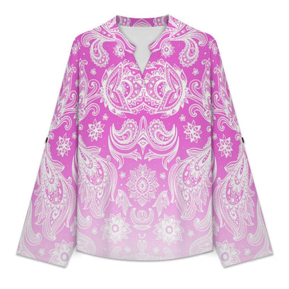 Stand-up Collar Long-sleeved Shirt Paisley  Customization Women’s V-Neck Blouses,long Sleeve,Roll-Up Sleeve Shirt
