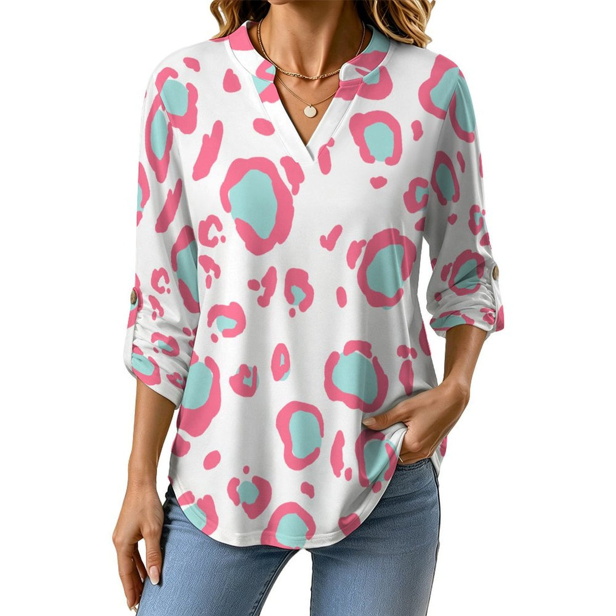 Stand-up Collar Long-sleeved Shirt Pink Leopard Print  Customization Women’s V-Neck Blouses,long Sleeve,Roll-Up Sleeve Shirt