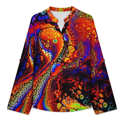 Stand-up Collar Long-sleeved Shirt Bubbles  Customization Women’s V-Neck Blouses,long Sleeve,Roll-Up Sleeve Shirt