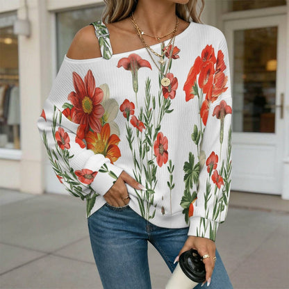 Off-the-shoulder Sweater Flowers  Asymmetric Cold Shoulder Knit Sweater for Women, Adjustable Buckle Strap Long Sleeve Casual Slouchy Pullover