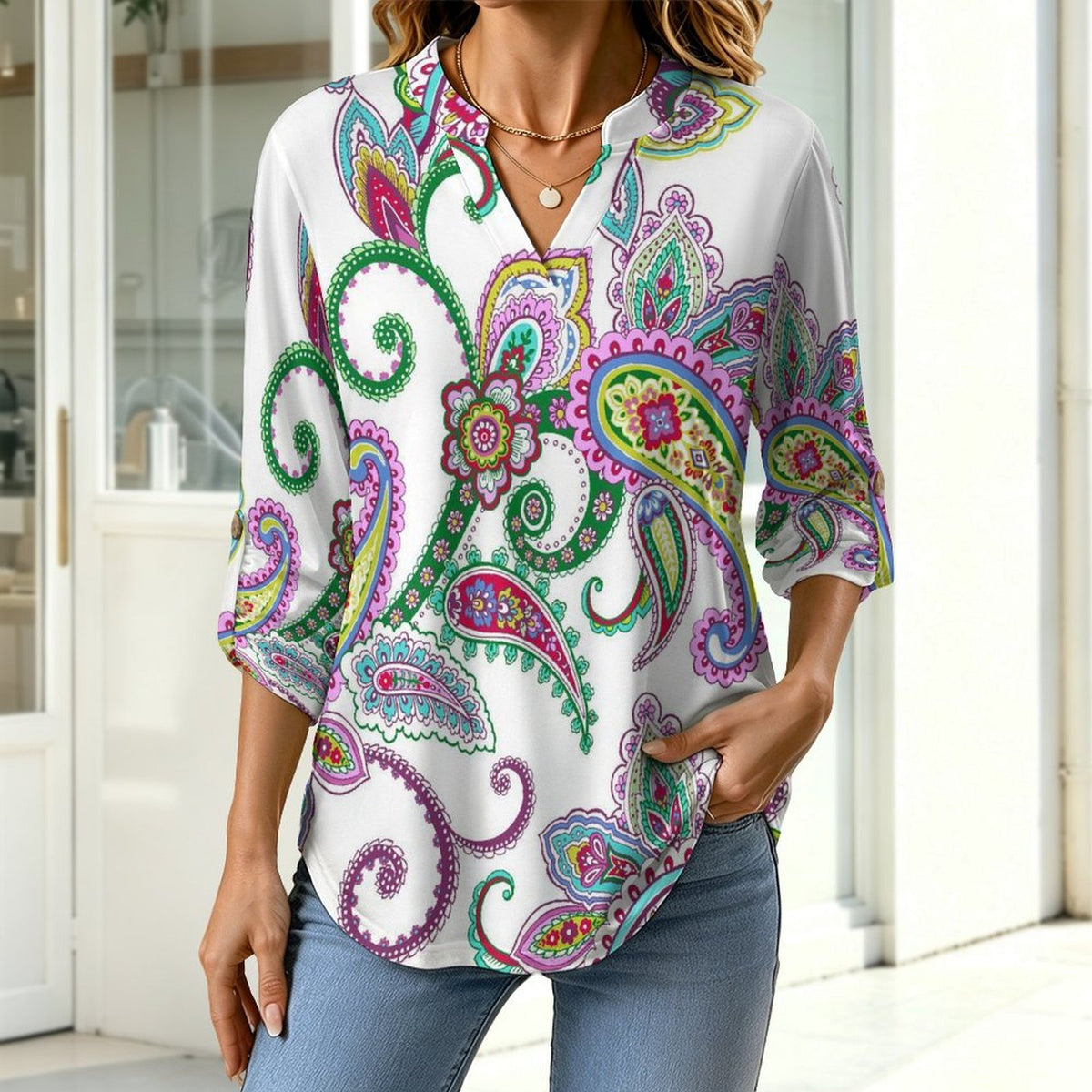 Paisley  Women Curved Hem V Neck Roll Sleeve Casual Work Top