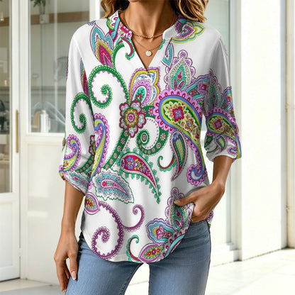 Paisley  Women Curved Hem V Neck Roll Sleeve Casual Work Top