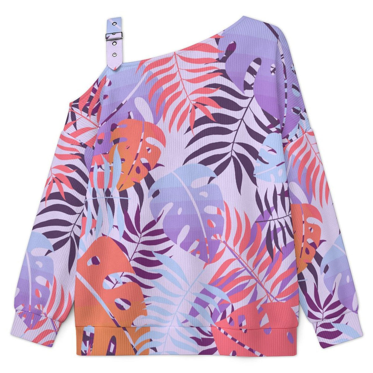 Off-the-shoulder Sweater Tile Pattern-Leaf-Purple-Pink-orange  Asymmetric Cold Shoulder Knit Sweater for Women, Adjustable Buckle Strap Long Sleeve Casual Slouchy Pullover