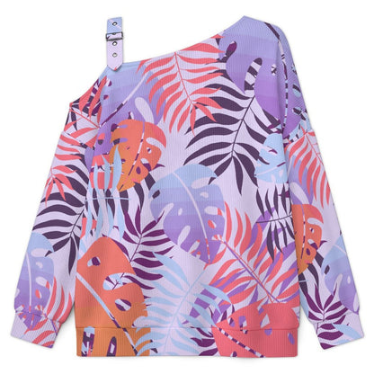 Off-the-shoulder Sweater Tile Pattern-Leaf-Purple-Pink-orange  Asymmetric Cold Shoulder Knit Sweater for Women, Adjustable Buckle Strap Long Sleeve Casual Slouchy Pullover