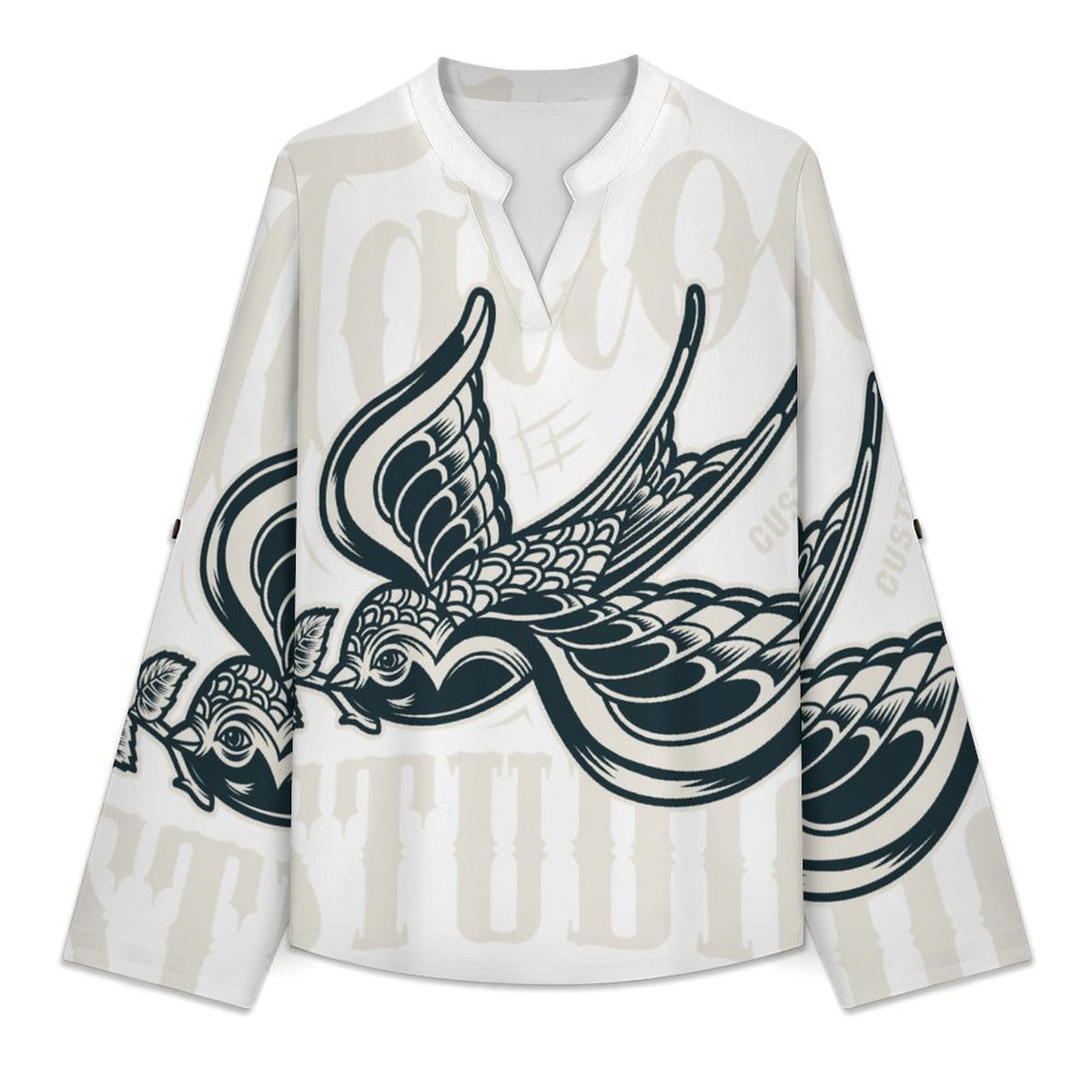Stand-up Collar Long-sleeved Shirt Birds, Flowers, Transmission  Customization Women’s V-Neck Blouses,long Sleeve,Roll-Up Sleeve Shirt